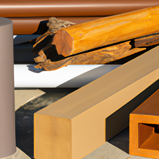 תמונה אחת המציגה מערך של חומרים פוטנציאליים לבניית פרגולה, תוך הדגשת סוגים שונים של עץ וחומרה.